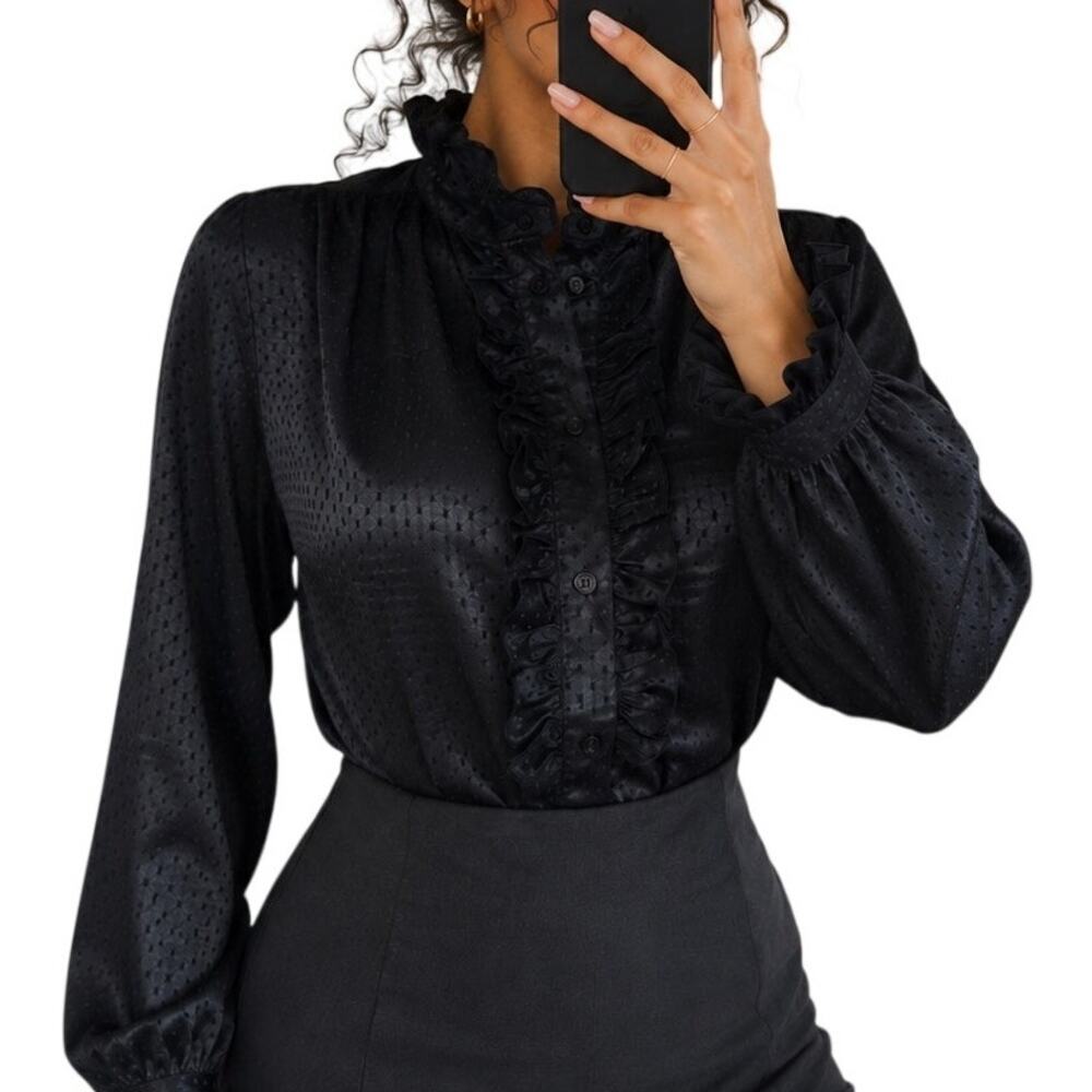 VTG Whimsigoth Victorian Vampire Ruffle Blouse Size XL Black Satin Polka Dot